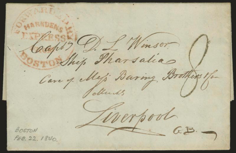 Forwarded by Harndens Express from Boston.> Red circular handstamp on Feb. 22, 1840 folded letter from Boston to Liverpool, England, 8 pence due handstamp, LiverpoolShip Letter backstamp, Very
Fine