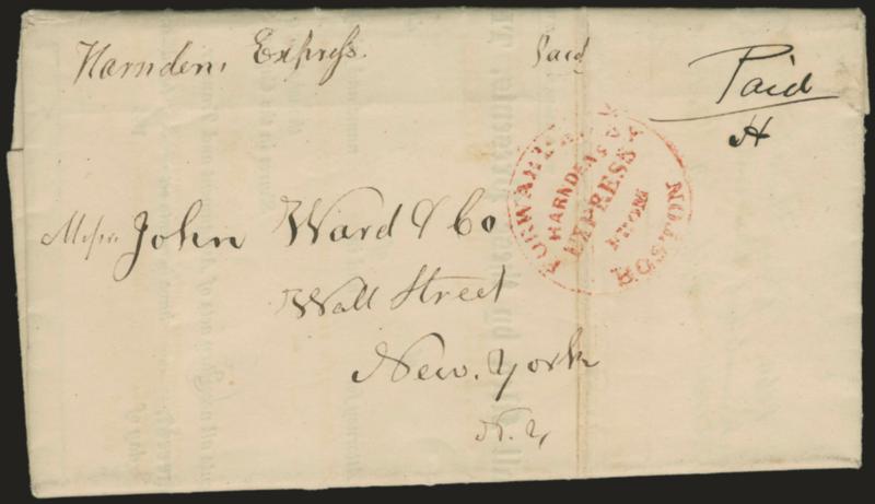 Forwarded by Harndens Express from Boston.> Red circular handstamp and ms. Paid H on Jun. 22, 1840 folded part-printed document from Boston to New York City, file fold thru marking, otherwise Very
Fine