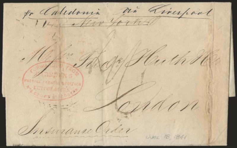Forwarded from Harndens Package Express & Foreign Letter Office, No. 8 Court St. Boston.> Red oval handstamp on Jul. 13-14, 1841 folded letter <from Havana, Cuba, to London, England,> content is a faint copy of
letters sent by other sailings, routin