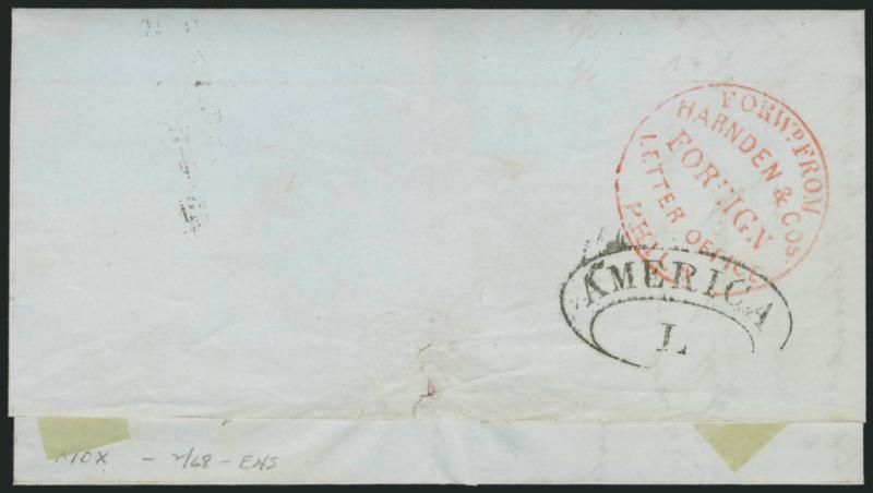 Forwd. from Harnden & Cos. Foreign Letter Office, Phila.> Red circular handstamp on back of undated ca. 1841 folded cover <to Yorkshire, England,> 1 due handstamp and AmericaL oval backstamp, senders routing
<<Per R.M.S. Acadia (via Harnden