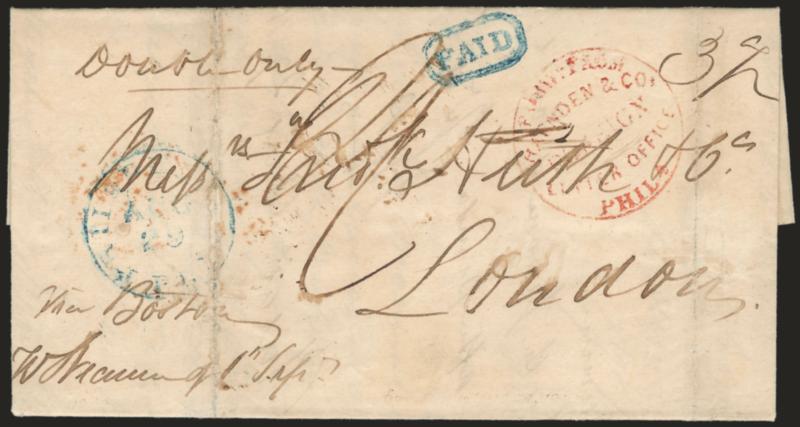 Forw. From Harnden & Cos. Foreign Letter Office, Phila.> Red circular handstamp on Aug. 29, 1842 folded letter from Philadelphia <to London, England,> handled by Harnden as official U.S. mail agent, blue
Philadelphia Pa. Aug. 29 circular datestamp
