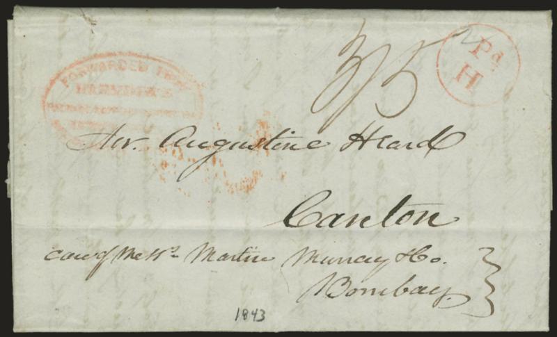 Forwarded from Harndens Package Express & Foreign Letter Office, No. 8 Court St. Boston.> Lightly struck red oval handstamp and matching Pd. H in circle on Aug. 15, 1843 folded letter <to Canton, China,> <<care
of Messrs. Martin Muncey & Co., Bom