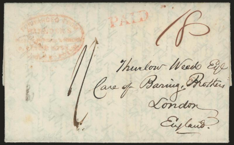 Forwarded from Harndens Package Express & Foreign Letter Office, No. 8 Court St. Boston.> Red oval handstamp lightly struck with matching Paid straightline, ms. 18-34 and 1 one-shilling packet rate on Aug. 14,
1843 folded letter from Rufus K
