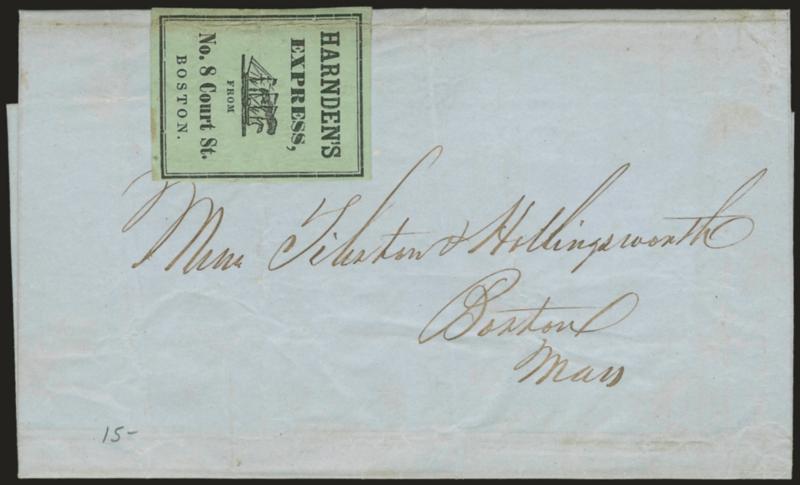 Harndens Express from No. 8 Court St. Boston.> Black on green label with steamship illustration on Apr. 23, 1849 folded letter from New York City to Boston, label creased along edge, otherwise Very Fine,
scarce