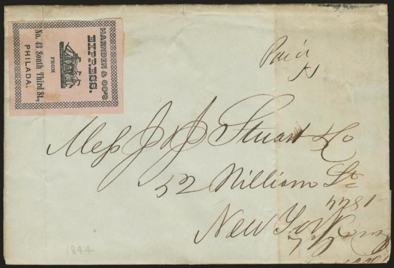 Harnden & Cos Express from No. 43 South Third St., Philada.> Black on pink label with steamship illustration used on Jun. 28, 1844 folded letter from Philadelphia to New York City, ms. Paid H, receipt
docketing, file fold ties label, a bit age ton