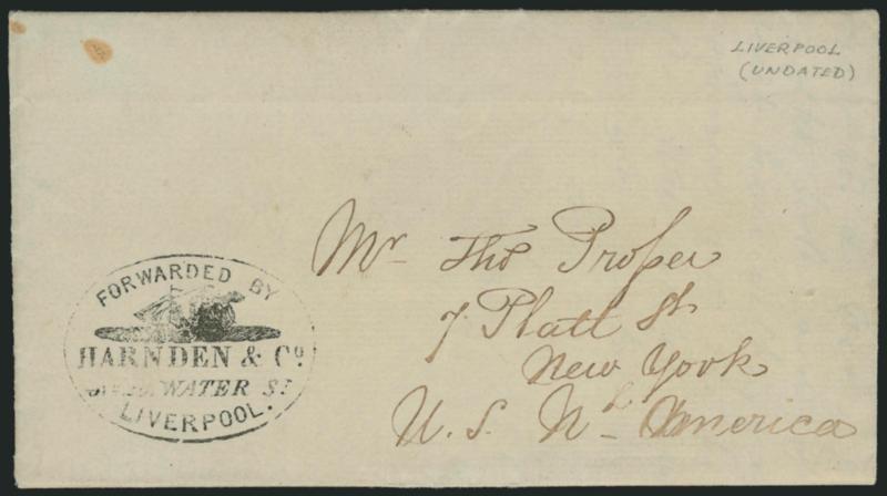 Forwarded by Harnden & Co., No. 20 Water St. Liverpool.> Oval handstamp with steamship illustration on undated folded letter from Liverpool to New York City street address, Very Fine, this marking was used
1844-46