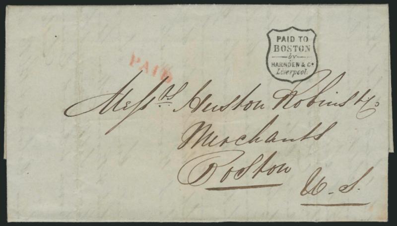 Paid to Boston by Harnden & Co. Liverpool.> Shield-shaped handstamp and <red Paid straightline> on Sep. 1, 1845 folded letter from Leicester, England, to Boston, Very Fine, the red Paid is rare