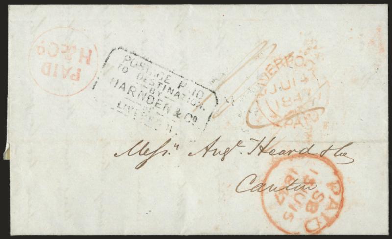 Postage Paid to Destination by Harnden & Co. Liverpool.> Framed handstamp and red PaidH & Co. in circle on May 29, 1847 folded letter from New York <to Canton, China,> red British transit datestamps (Jun. 15)
and ms. rate, Hong Kong backstamp, Ver