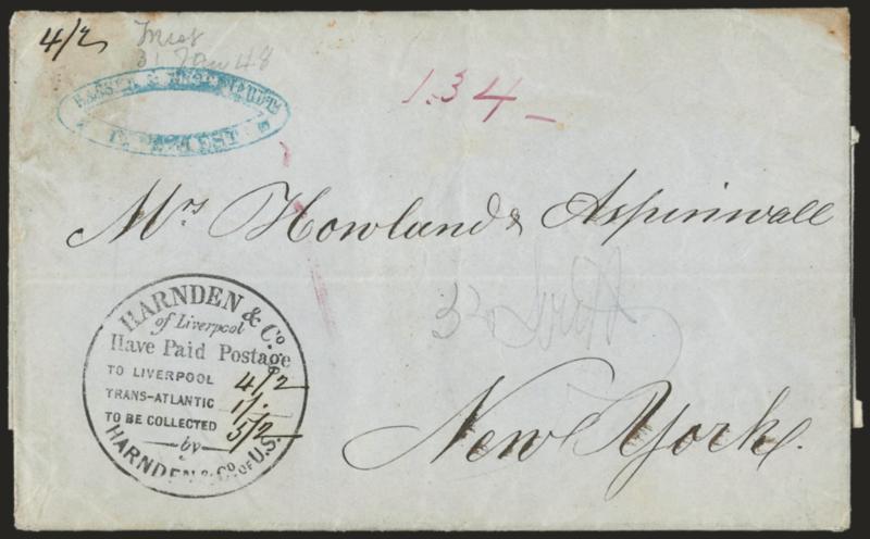 Harnden & Co. Liverpool.> Circular handstamp with postage to be collected (42 plus 1 for 52 total) filled in by manuscript on Jan. 31, 1848 folded letter <from Trieste to New York, senders blue oval handstamp,
pencil street address, ms. 4