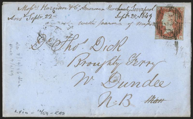 Forwarded by Harnden & Co., No. 6 Cook St., Liverpool.> Oval handstamp with steamship illustration on back of Sep. 20, 1849 folded letter on Harnden & Co. stationery, to Dundee, North Britain, G.B. 1p Red (four
margins) tied by oval grid, Liverpool