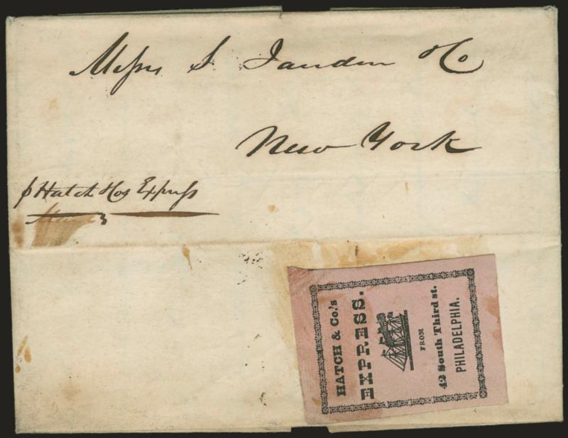 Hatch & Co.s Express from 42 South Third St. Philadelphia.> Black on pink label with steamship illustration on back of Jul. 18, 1843 folded letter to New York City, refolded to show both sides, some mucilage
stains, Fine, rare label from the predece
