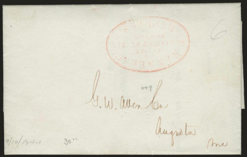 Kennebec Express, Office, No. 8 Court Street, Boston.> Lightly-inked but readable red double-line oval handstamp on Sep. 10, 1844 folded bank notice to Augusta Me., Fine, rare and early example of this express,
which operated between Boston and place