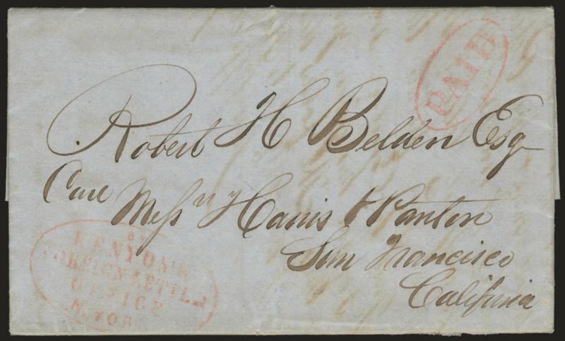 By Kenyons Foreign Letter Office, N. York.> Red oval handstamp and matching Paid in oval on Jun. 11, 1851 folded letter from New York City to San Francisco, Fine, scarce