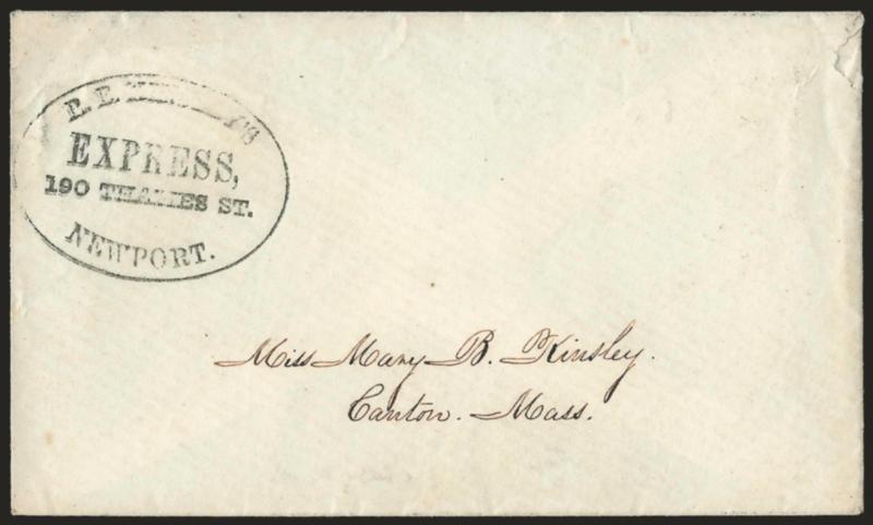 R. B. Kinsleys Express, 190 Thames St., Newport.> Oval handstamp on ladys small cover to Miss Mary B. Kinsley in Canton Mass., Very Fine, this rare marking is unlisted in ASCC