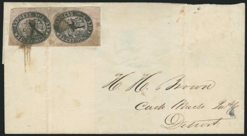Letter Express (Wells), 5c Black on Pink Glazed (96L1).> Vertical pair, huge margins, tiny tear in extreme top left corner, slight oxidation, tied by smear from ms. X cancels on folded cover to Detroit,
probably originated in Cleveland, file fold t