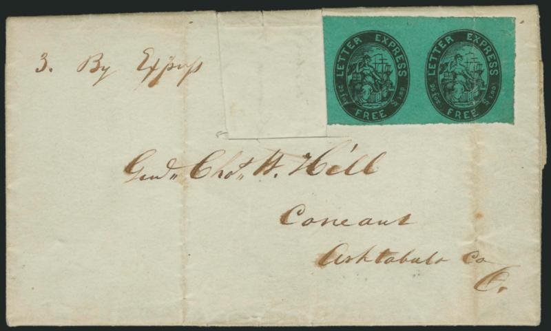 Letter Express (Wells), 5c Black on Green Glazed (96L2).> Horizontal pair, originally a strip of three, but one of the stamps has been cut out, the remaining pair has huge margins and sheet margins,
uncancelled, tied by filing crease on Aug. 19, 1844