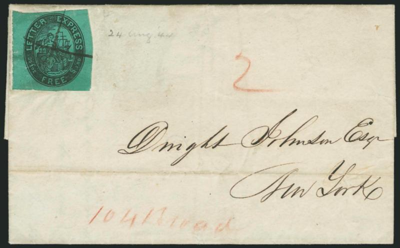 Letter Express (Wells), 5c Black on Green Glazed (96L2).> Large to huge margins, tied by ms. X cancel on folded cover to New York City, docketed Aug. 24, 1844, red pencil street address and 2 for local delivery
charge, file fold, another stamp re