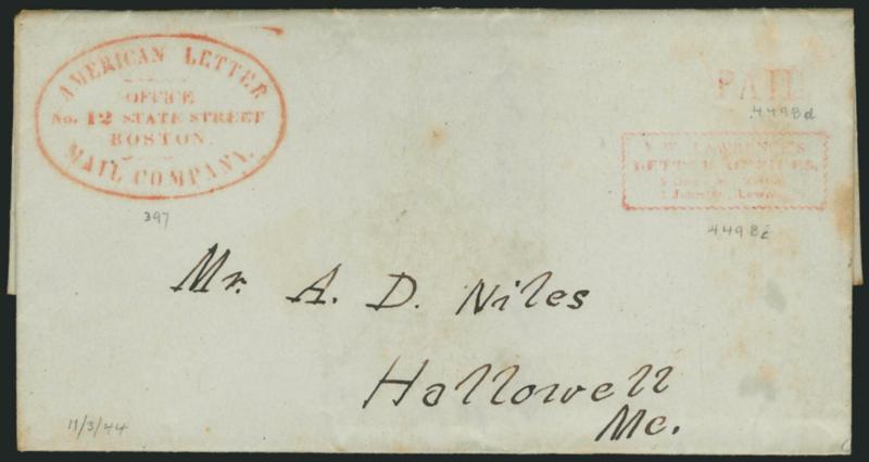 J. W. Lawrences Letter Offices, 8 Court St. Boston, 1 John St. Lowell.> Red rectangular framed handstamp and separate matching Paid on Nov. 3, 1844 folded letter from Lowell Mass. to Hallowell Me., conjunctive
use with red <American Letter Mail C