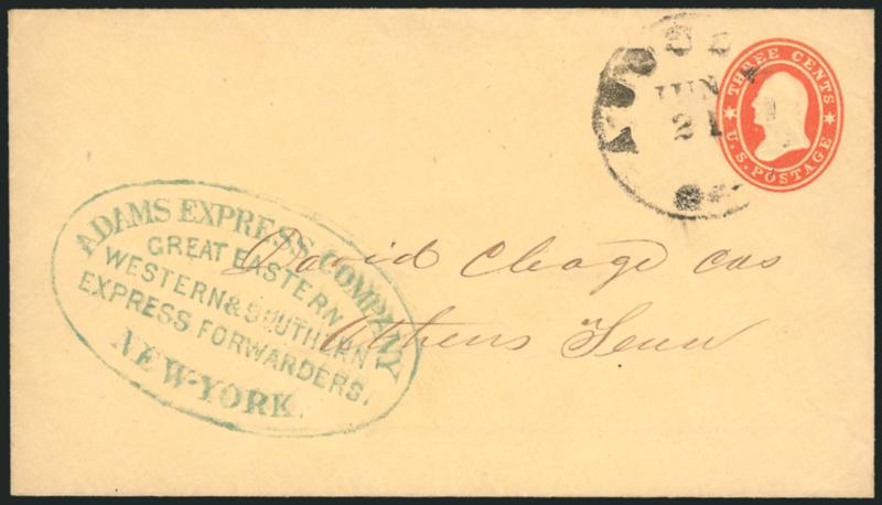 Adams Express Company, Great Eastern Western & Southern Express Forwarders, New-York.> Perfect strike of greenish blue oval handstamp on 3c Red Star Die entire to Athens Tenn., Augusta Ga. Jun. 21 (1861)
circular datestamp, Extremely Fine, very rar