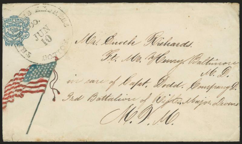 The Adams Express Co. Boston Jun. 10.> Circular datestamp and blue <Adams Express Company N-Y.> double-circle backstamp on hand-colored red and blue <Waving Flag Patriotic> cover with stationers imprint,
addressed to Ft. McHenry Md. care of Mass.