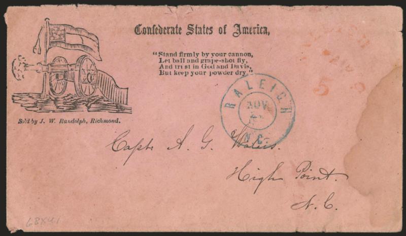 Raleigh N.C., 5c Red entire (68XU1).> Light strike of provisional marking at top right of <Confederate 11-Star Flag and Cannon Patriotic> pink cover to High Point N.C., well-struck blue Raleigh N.C. Nov. 2?
double-circle datestamp, some waterstaini