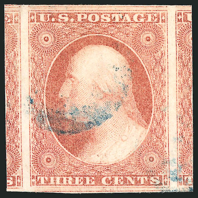 3c Rose Red, Ty. I (11).> Huge margins all around incl. part of seven adjoining stamps, brilliant color on crisp paper, unobtrusive strike of <blue> cancel<><>^EXTREMELY FINE GEM AND THE ESSENCE OF PERFECTION.
THIS IS ONE OF ONLY TWO EXAMPLES OF TH
