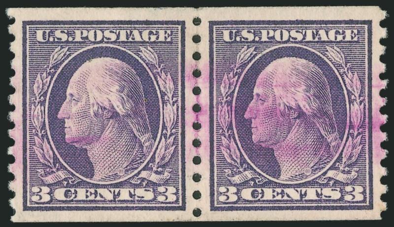 3c Violet, Coil (445).> Pair, rich color, unusually wide and balanced margins, unobtrusive <magenta> cancel<><>^EXTREMELY FINE GEM. A SUPERB USED PAIR OF THE 3-CENT HORIZONTAL COIL, SCOTT 445, IN THE FINEST
CONDITION ATTAINABLE.^<><>With 2002 A.P