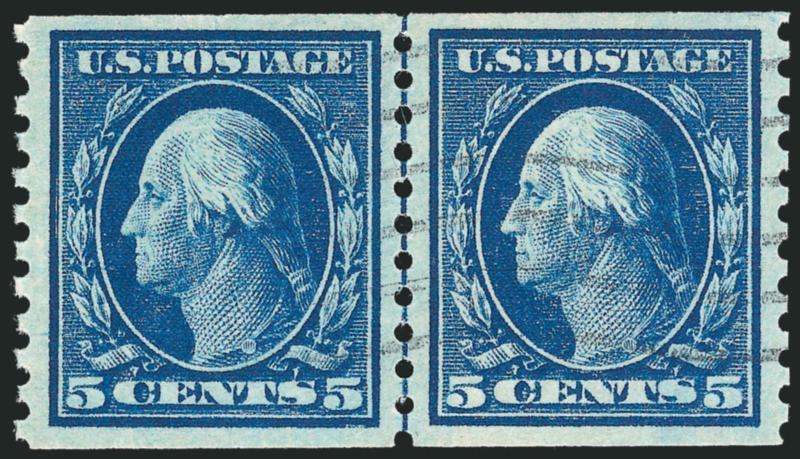 5c Blue, Coil (447).> Guide line pair, deep rich color and proof-like impression on bright paper, beautiful centering with wide and balanced margins, light wavy-line machine cancel<><>^EXTREMELY FINE GEM. A
SUPERB USED GUIDE LINE PAIR OF THE 5-CENT