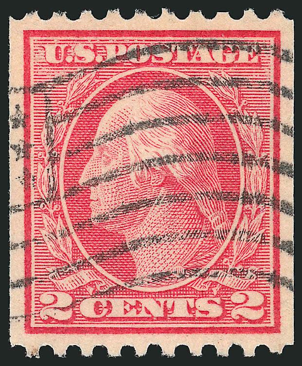 2c Red, Ty. I, Coil (449).> Pretty shade, gorgeous centering with wide and balanced margins, neat machine cancel<><>^EXTREMELY FINE GEM. A SUPERB USED EXAMPLE OF THE 2-CENT VERTICAL COIL, SCOTT 449, IN WHAT MAY
BE THE FINEST CONDITION ATTAINABLE.^<