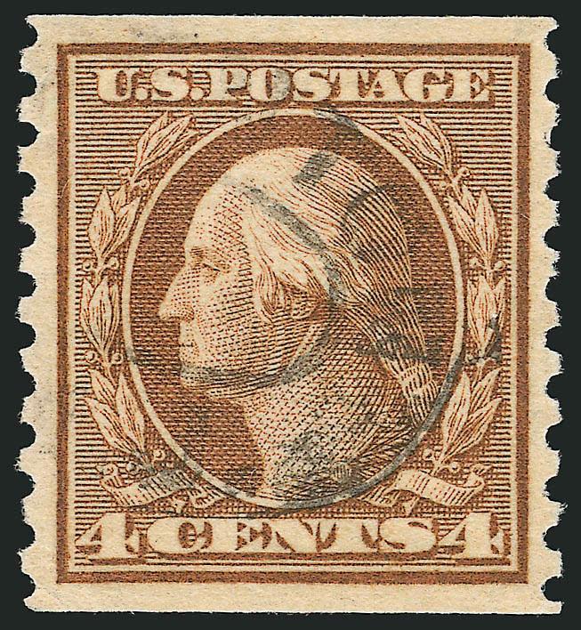 4c Brown, Coil (457).> Rich shade, wide balanced margins, unobtrusive registry oval cancel, fresh and Extremely Fine, a beautiful used coil single