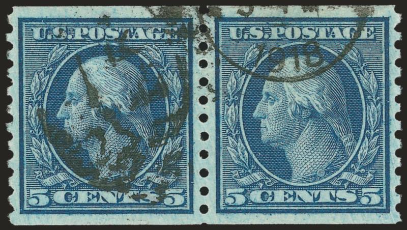 5c Blue, Coil (458).> Pair, rich color, remarkably well-centered with even margins, 1918 duplex cancel, Extremely Fine Gem, especially desirable with the yeardate of the cancel showing contemporary usage, with
2003 P.F. certificate for strip of three