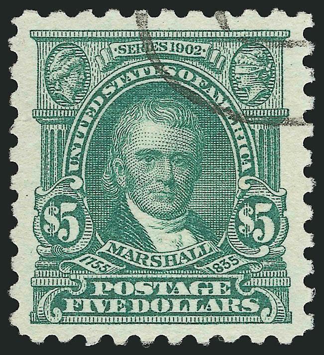 $5.00 Light Green (480).> Jumbo margins, neat oval cancel leaves design clearly visible, Extremely Fine Gem, difficult to find in such superb used condition, with 1989 P.F. certificate for pair