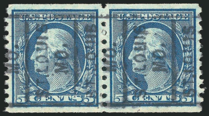 5c Blue, Coil (496).> Pair, perfectly centered, deep rich color and proof-like impression, bold St. Louis Mo. cancel, Extremely Fine Gem, a superb pair in every respect and without question one of the finest we
have ever encountered, with 2002 P.F.