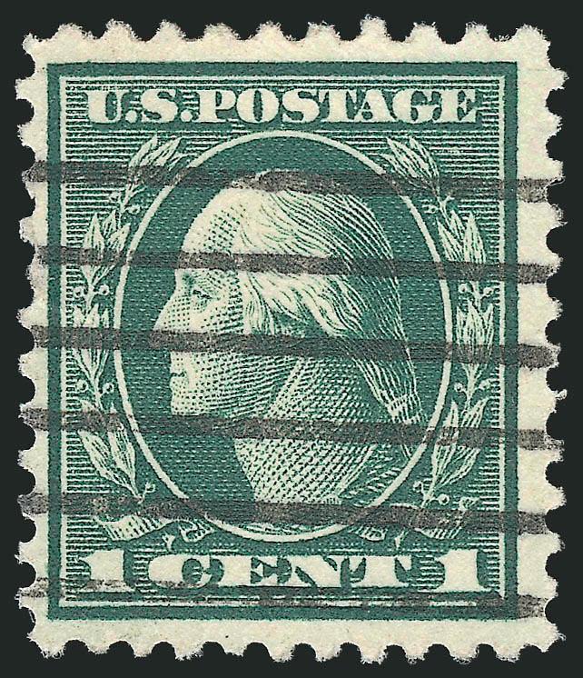 1c Green, Perf 10 at Top (498g).> Deep rich color and sharp proof-like impression, neat machine cancel, unusually choice centering for this rare Perf 10 at Top or Bottom variety<><>^VERY FINE AND CHOICE. THIS IS
THE FINEST OF THE FOUR RECORDED USED