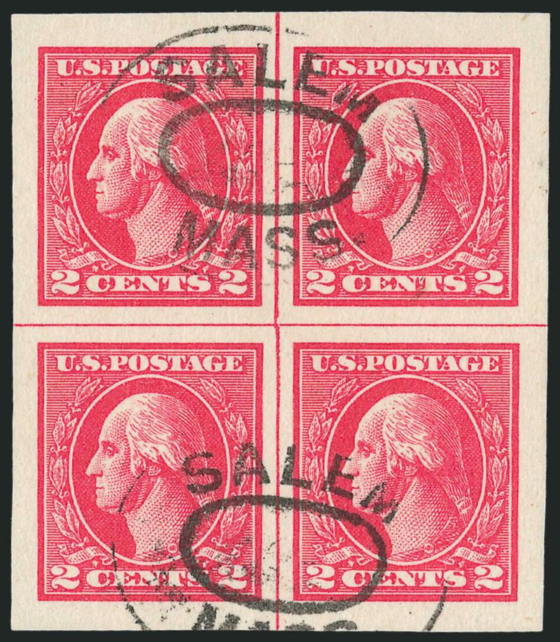 2c Carmine, Ty. Va, Imperforate (534).> Centerline block of four, huge margins all around, two neat strikes of Salem Mass. double oval cancels, Extremely Fine Gem, a beautiful used centerline block, with 2004
P.S.E. certificate