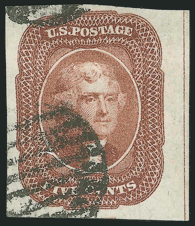 5c Red Brown (12).> Enormous margins incl. <full guideline sheet margin at right,> rich color, bold grid cancels<><>^EXTREMELY FINE GEM. AN EXCEEDINGLY RARE SHEET-MARGIN EXAMPLE OF THE 5-CENT 1856 ISSUE WITH FULL
GUIDELINE. VERY FEW EXIST.^<><>Ou