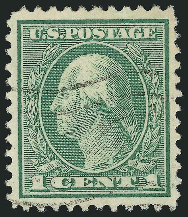 1c Green, Rotary Perf 11 (544).> Light machine cancel, exceptionally well-centered for this notoriously challenging issue with unusually wide margins, fresh and bright color, tiny trace of corner crease at top
right is visible basically only in fluid