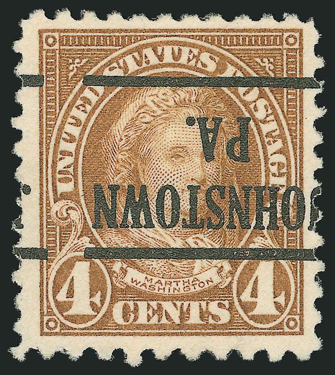 4c Yellow Brown, Perf 10 at Bottom (556b).> Johnstown Pa. two-line precancel applied inverted, rich color, wide margins<><>^EXTREMELY FINE. THE 4-CENT MARTHA WASHINGTON IS ONE OF THE RAREST OF ALL PERF 10 AT ONE
SIDE STAMPS. THE EXAMPLE OFFERED H