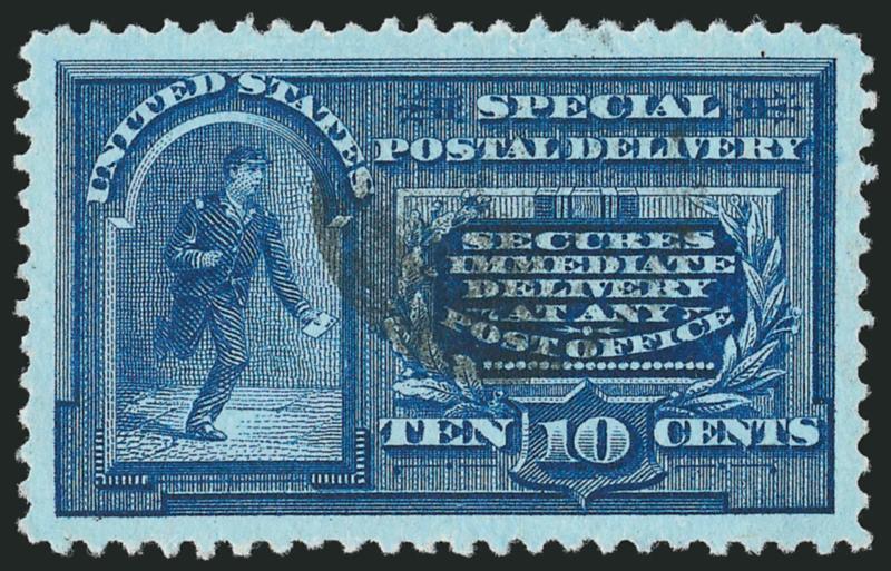 10c Blue, Special Delivery (E4).> Deep rich color and proof-like impression on crisp paper, perfectly centered with unusually wide and balanced margins, unobtrusive cancel leaves design clearly
visible<><>^EXTREMELY FINE GEM. A SUPERB USED EXAMPLE