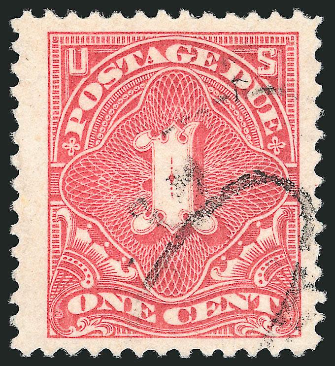 1c Vermilion (J29).> Brilliant color on bright paper, unusually wide margins, light strike of oval cancel leaves design clearly visible<><>^EXTREMELY FINE, ARGUABLY THE FINEST USED EXAMPLE OF THE ONE-CENT
POSTAGE DUE ISSUE, SCOTT J29, IN EXISTENCE.