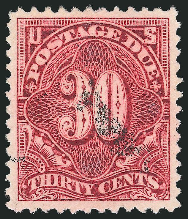 30c Deep Claret (J36).> Radiant color on bright paper, mathematically perfect centering with wide and balanced margins, unobtrusive cancel leaves design clearly visible<><>^EXTREMELY FINE GEM. THIS BEAUTIFUL
USED EXAMPLE OF THE 30-CENT UNWATERMARKE