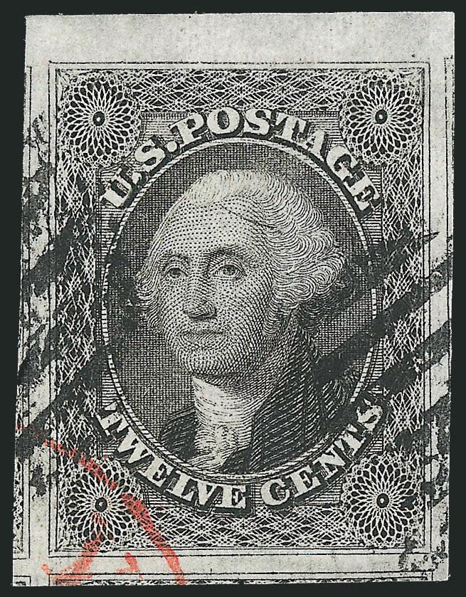 12c Black (17).> Phenomenally huge margins all around incl. <sheet margin> at top and parts of four adjoining stamps, bright shade and crisp impression, grid cancels frame Washingtons face, part of red circular
datestamp cancel at bottom left<><>^