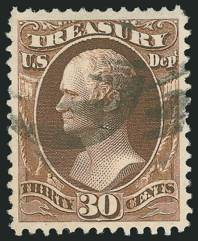 30c Treasury, Soft Paper (O112).> Perfectly centered with wide even margins, deep rich color, bold cancels<><>^EXTREMELY FINE GEM. A SUPERB USED EXAMPLE OF THE 30-CENT AMERICAN BANK NOTE COMPANY TREASURY
DEPARTMENT ISSUE. VERY FEW ARE KNOWN IN USED