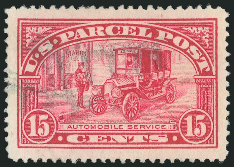 15c Parcel Post (Q7).> Mathematically perfect centering with massive margins all around, sharp proof-like impression on crisp paper, lightly cancelled<><>^EXTREMELY FINE GEM. THIS MAGNIFICENT STAMP HAS BEEN
AWARDED THE ULTIMATE GRADE OF GEM 100 JUM