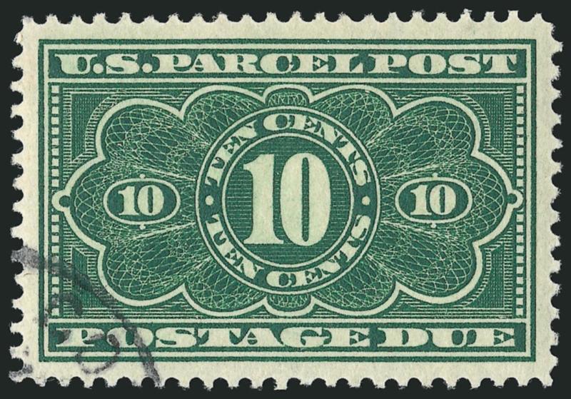 10c Dark Green, Parcel Post Postage Due (JQ4).> Deep rich color and proof-like impression on bright paper, perfectly centered with wide and even margins all around, neatly struck cancel at bottom left leaves
entire design clearly visible, Extremely F