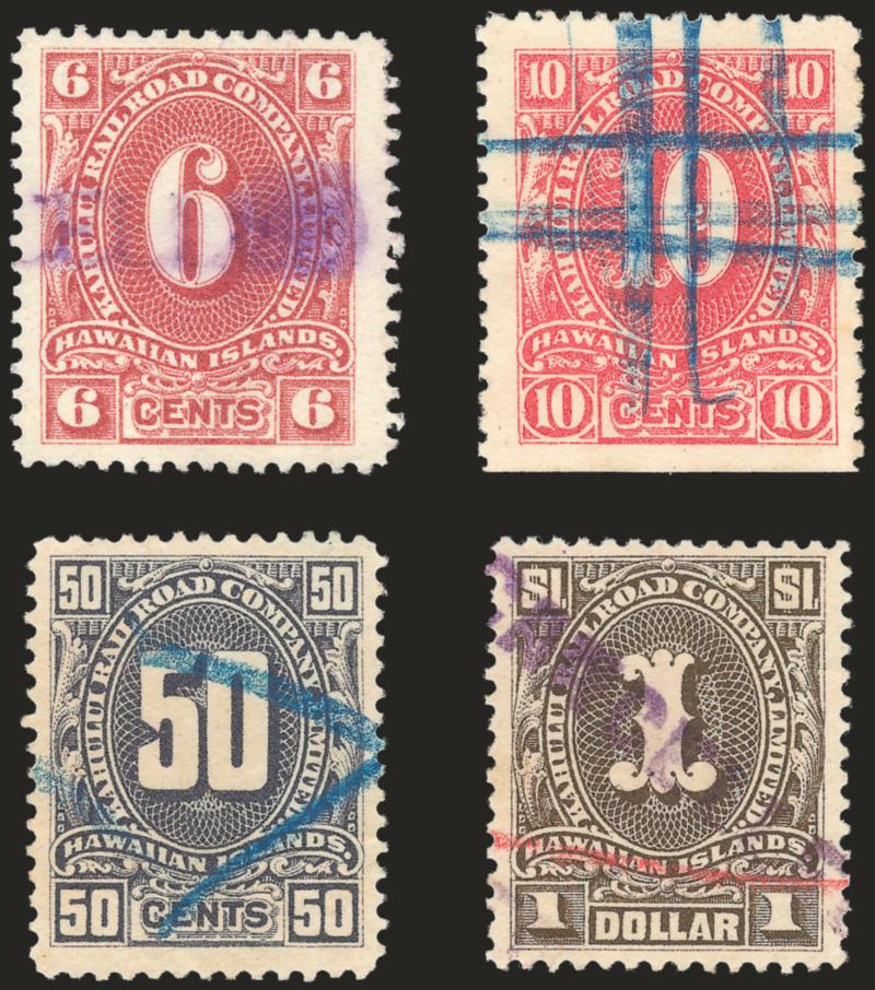 Kahului Railroad,  6c-$1.00 Issues (155-156, 158-159).> 10c s.e. at bottom, 6c and $1.00 purple handstamp cancels, 10c and 50c blue crayon cancels, Very Fine