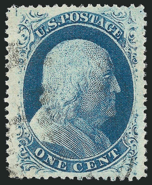 1c Blue, Ty. V (24).> Brilliant color, gorgeous centering with balanced Jumbo margins all around incl. top and bottom, unobtrusive cancel leaves entire design clearly visible, Extremely Fine Gem, a superb stamp
in every respect, wide side margins are