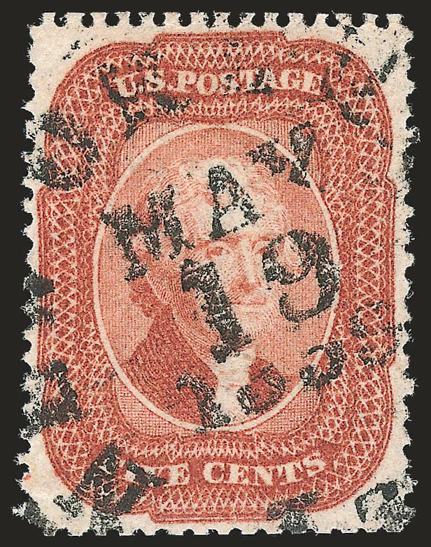 5c Brick Red (27).> Brilliant color, beautiful centering with wide and balanced margins and with outer projections completely untouched by the perfs, well-struck New Orleans La. May 19, 1859 circular
datestamp<><>^EXTREMELY FINE GEM. A SUPERB USE
