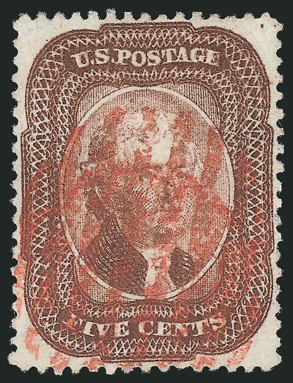 5c Brown (29).> A Relief from the top row of the plate, rich color and proof-like impression on bright paper, beautifully centered with wide margins all around which are well clear of the outer projections of the
design, bold strikes of red grid canc