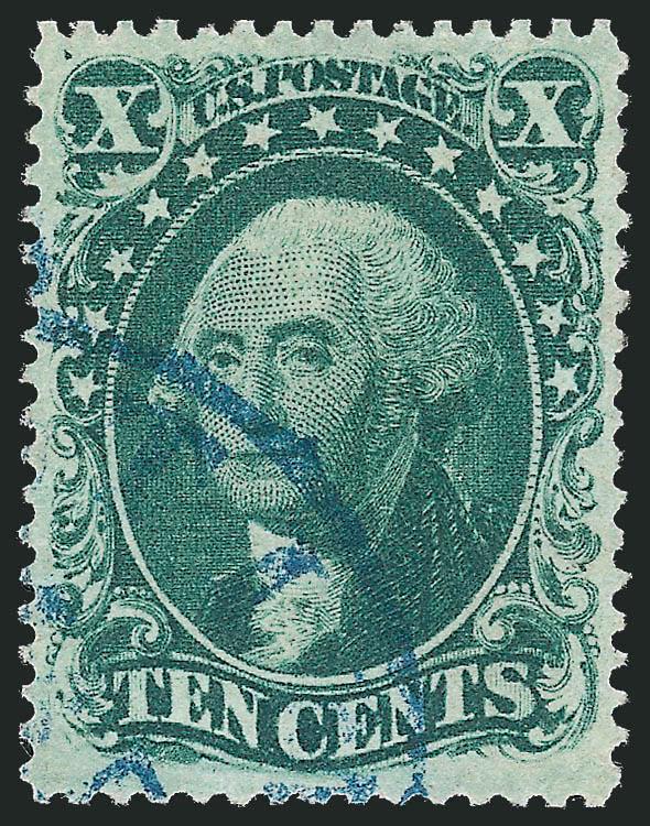 10c Green, Ty. II (32).> Beautifully centered with unusually wide and balanced margins, deep rich color nicely complemented by <blue circular datestamp,> bright paper, proof-like impression<><>^EXTREMELY FINE
GEM. A SUPERB USED EXAMPLE OF THE PERFO
